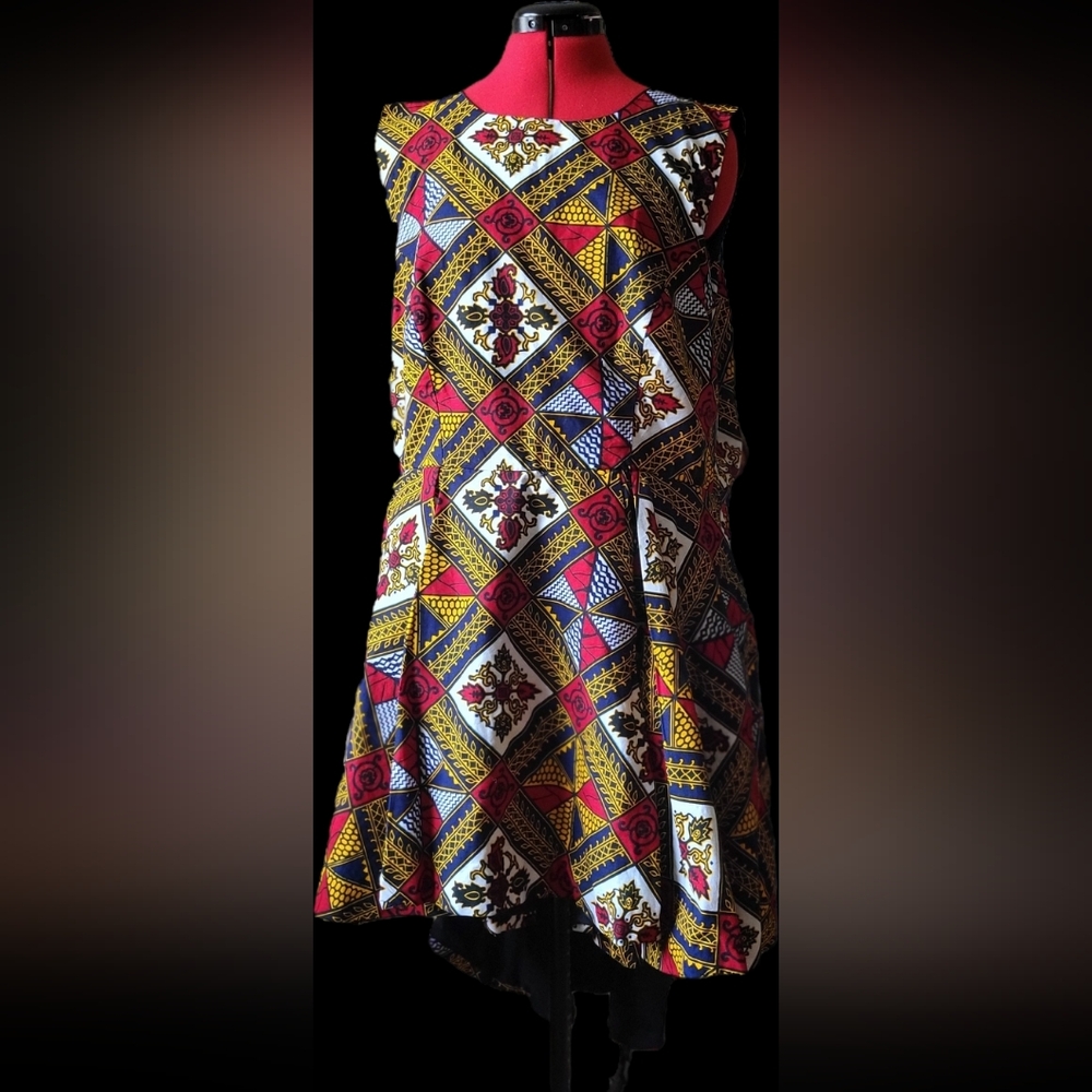 Sleeveless High-Low Geometric Print Dress in Red, Yellow & Blue